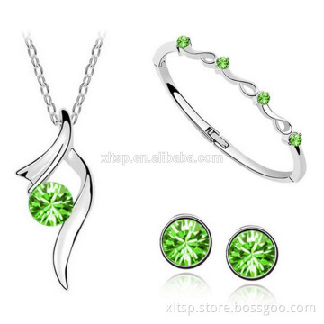 Unique design Green crystal jewery charming bracelet earring and chain necklace